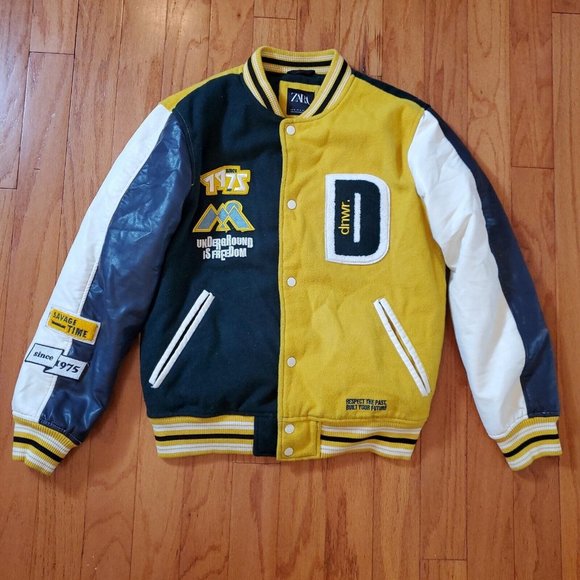 Zara dnwr Men’s Small Varsity Bomber Jacket Patches Green Letterman Embroidered - Picture 2 of 13